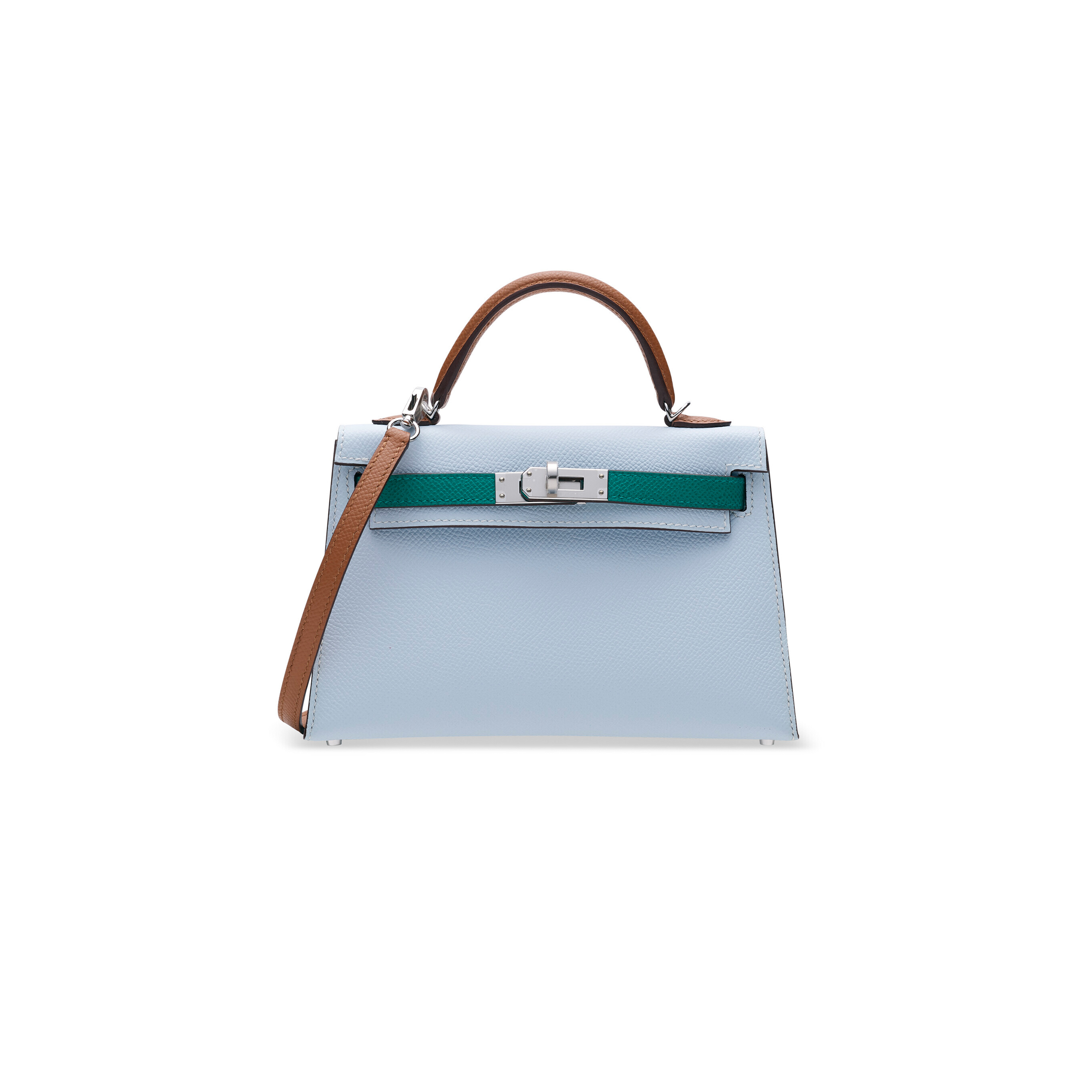 H**mes haze blue and imperial green and sesame epsom leather tricolor mini kelly 20 ii with palladium hardware (19*12*5.5cm)